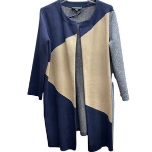 Ann Taylor Navy Tan Gray Colorblock Open Front Sweater/Coat Sz L